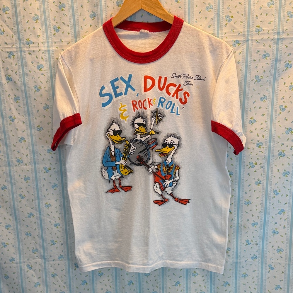 Vintage White Ringer T-Shirt with Cartoon Ducks